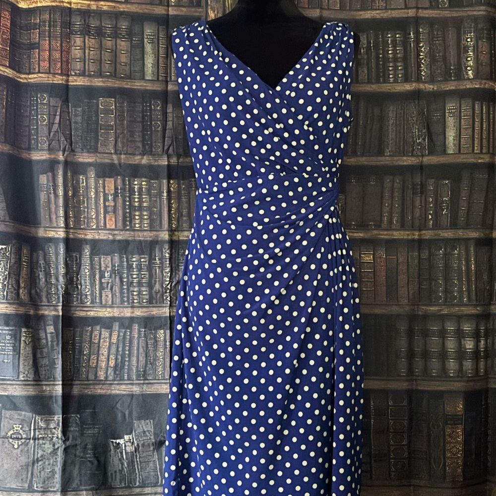 American Living Dress Sz 12 Royal Blue Polka Dot Stretch Knit Pleated Sleeveless